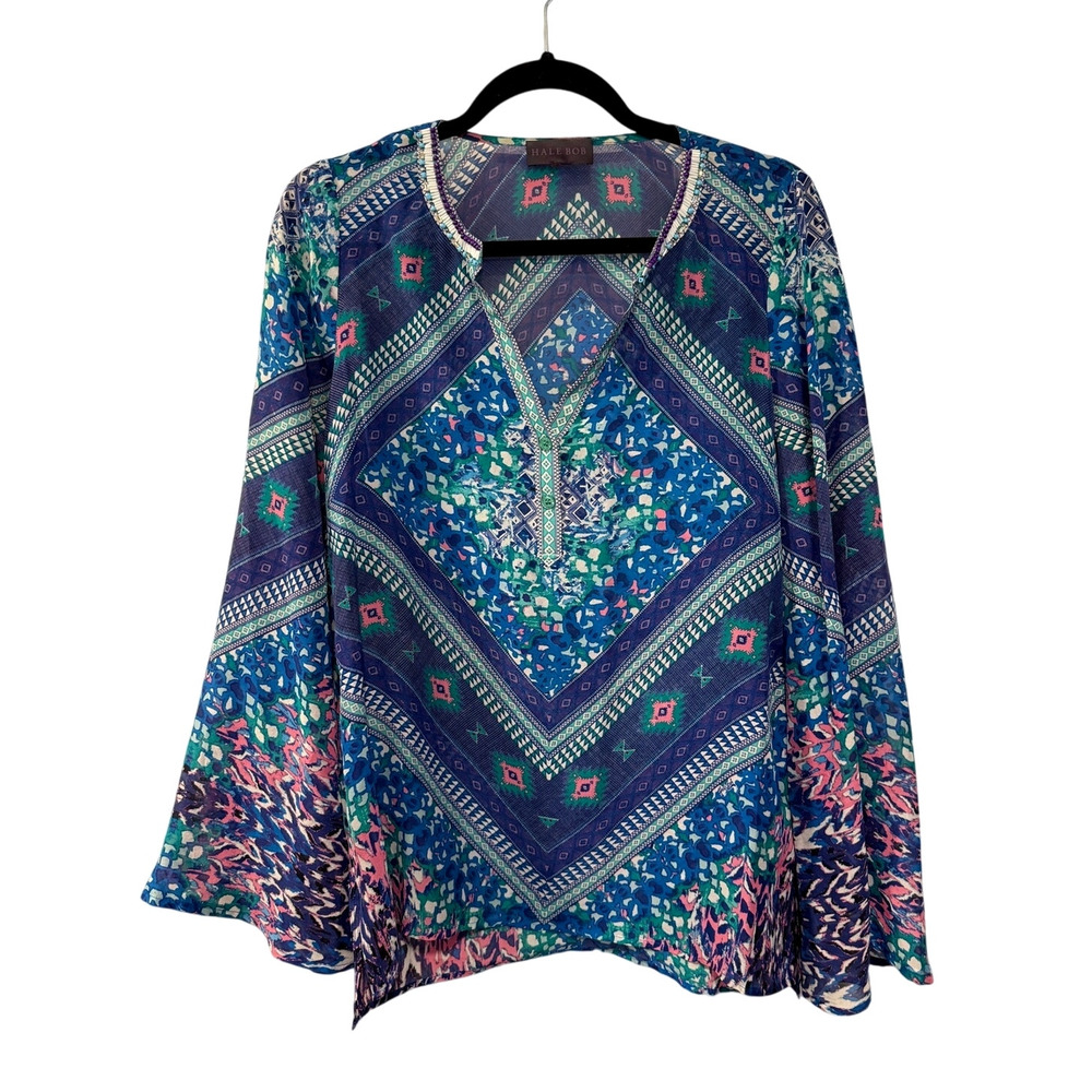 Hale Bob S Beaded Silk Flowy Tunic Top $278 Button Collar Boho Blouse Blue - Picture 2 of 9